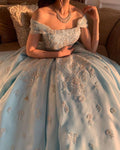 Light Blue Off The Shoulder Long Prom Dress Ball Gown