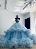 Puffy Ball Dress Blue Ruffled Tulle Prom Dresses Sweetheart Ball Gown Quinceanera Dresses