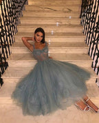 Gray Blue A Line Tulle Sweetheart Lace Prom Dresses Evening Gowns