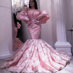 pink evening dresses long luxury embroidery appliqué mermaid flare sleeve elegant evening gown for women