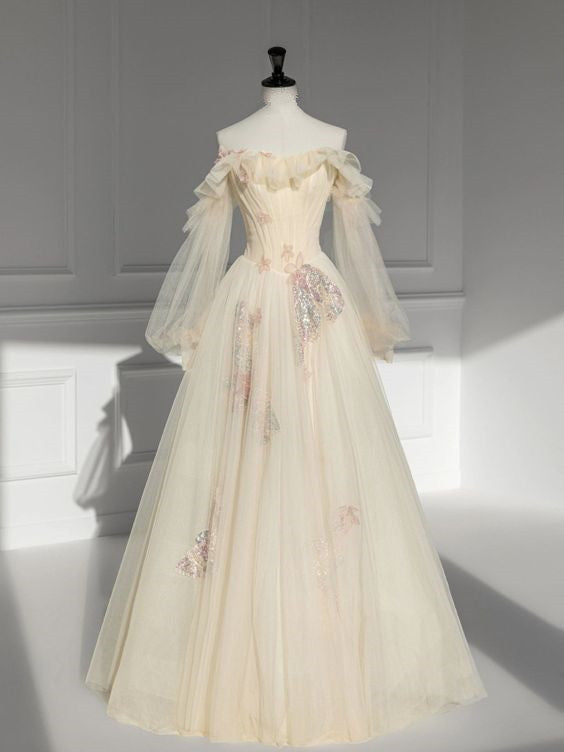Champagne Off the shoulder Gown Dress Long Sleeve Prom Dress Evening Dress