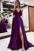 Elegant long a line satin prom dresses v neck split formal gown with lace appliques