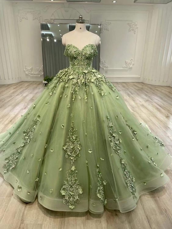 Green A Line Tulle Ball Gown Prom Dresses Evening Gowns