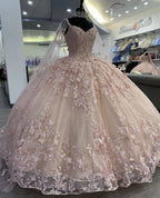 A Line Light Pink Tulle Prom Dress Puffy Quinceanera Dresses Ball Gown