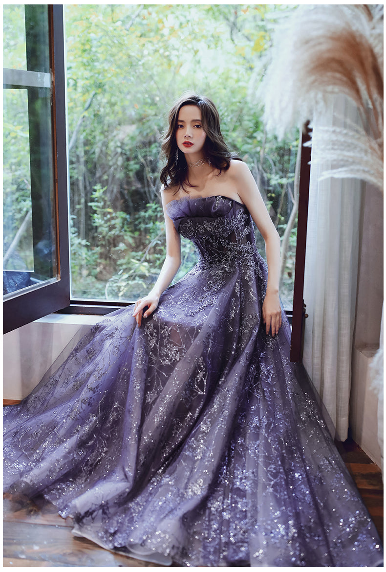 Dark Purple Tulle Style Evening Gown Purple A line Long Prom Dress Party Dress