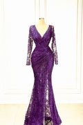 Mermaid Purple Lace Prom Dress V neck Long Sleeves Formal Gown