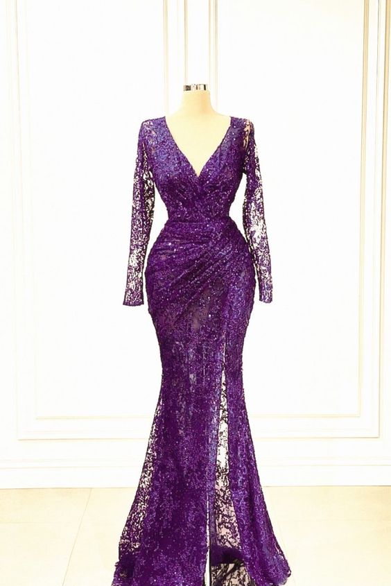 Mermaid Purple Lace Prom Dress V neck Long Sleeves Formal Gown