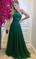 One Shoulder Green Prom Dress A Line Tulle Formal Evening Gowns