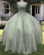 Sage Corset Ball Gown Appliques Tulle Prom Dress