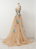 Champagne A line Sleeveless Tulle Prom Gown With Embroidery sleeveless Prom Gown With Hand made Flowers prom Dress evening Gown For Teens
