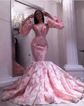 pink evening dresses long luxury embroidery appliqué mermaid flare sleeve elegant evening gown for women