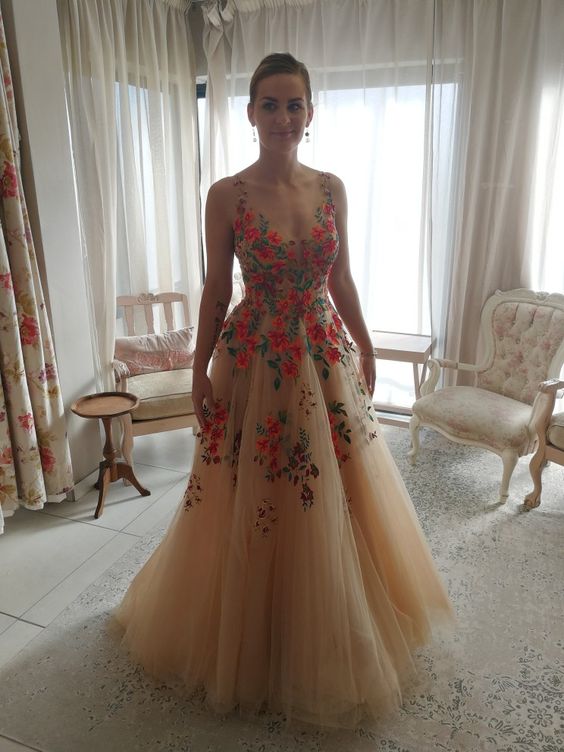 A Line Evening Dress Sexy V neck Tulle Women Formal Prom Gowns