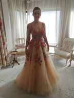 A Line Evening Dress Sexy V neck Tulle Women Formal Prom Gowns