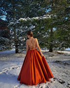 Burnt orange satin prom dress ballgown with pockets