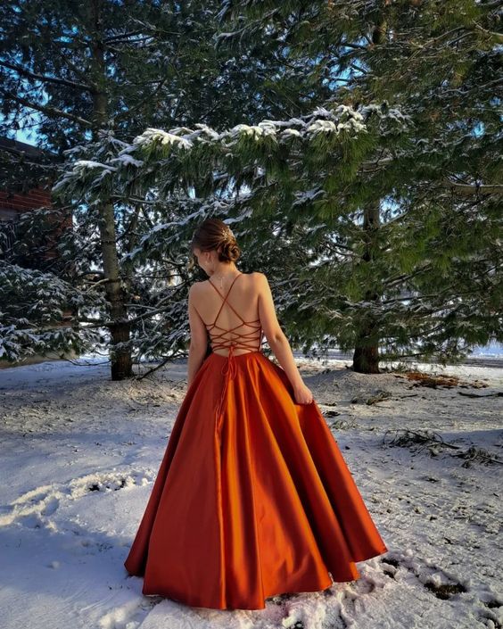 Burnt orange satin prom dress ballgown with pockets