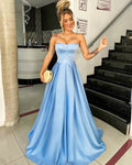 Light Blue Satin A Line Prom Dresses for Girls Strapless Evening Dresses Long Party Gowns