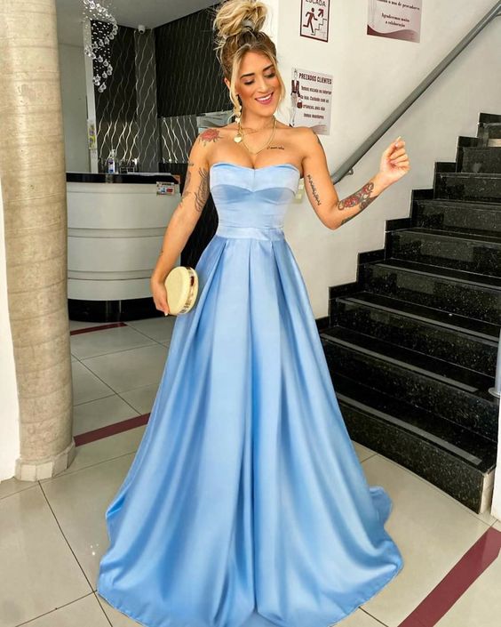 Light Blue Satin A Line Prom Dresses for Girls Strapless Evening Dresses Long Party Gowns
