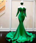 Elegant Green Mermaid Prom Dresses Sequin Applique Party Gowns Long Sleeves Evening Dress