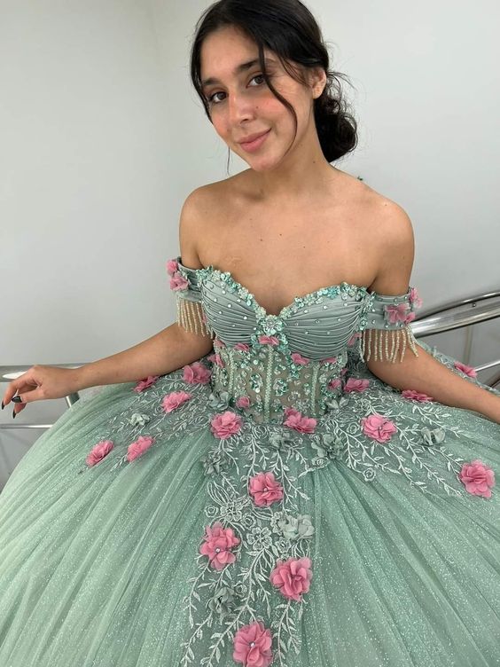 Prom Dresses 3d Flower Applique Prom Dresses Junior Pageant Dresses Sweet 16 Ball Gown