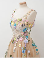 Champagne A line Sleeveless Tulle Prom Gown With Embroidery sleeveless Prom Gown With Hand made Flowers prom Dress evening Gown For Teens