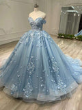 Blue Tulle Lace Long Prom Dresses Ball Gown Blue Sweet 16 Dresses
