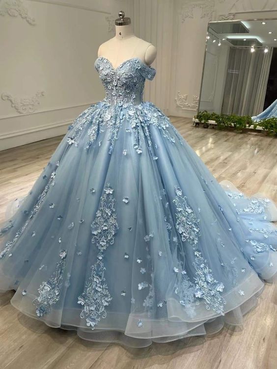 Blue Tulle Lace Long Prom Dresses Ball Gown Blue Sweet 16 Dresses