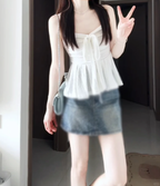 Gentle temperament white cardigan camisole vest denim shorts three-piece set R0888