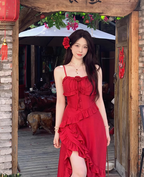 Large size French three-dimensional rose suspender dress high-end slim fit slit holiday dress R1847