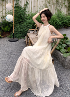 White lace off-shoulder beach maxi dress holiday suspender dress French retro dress R1697