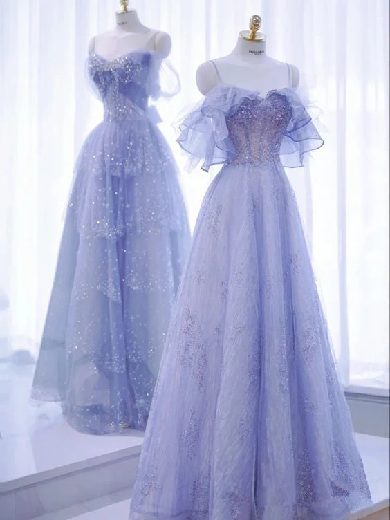 A Line Strapless Lilac Tulle Long Prom Dresses Evening Dress  cg26209