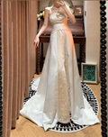 Fashion Strapless Satin Embroidery Beaded Mermaid Party Dress Evening Gown Ivory Long Wedding Guest Dress