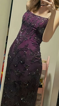 Elegant Spaghetti Straps Purple Satin Beaded Long Evening Dress Formal Birthday Party Dress Prom Gown