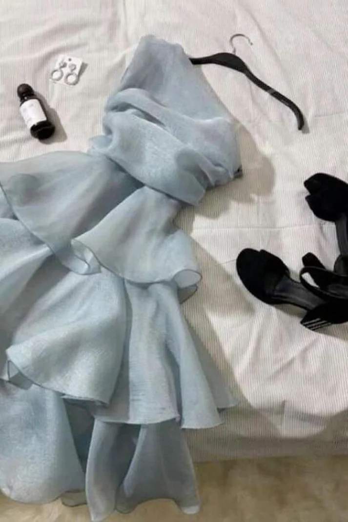 Elegant One Shoulder Blue Layered Homecoming Dress Mini Party Gown  cc1718