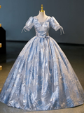 Elegant Blue Satin Print Princess Quinceanera Dress A Line Ball Gown cc1699