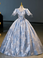 Elegant Blue Satin Print Princess Quinceanera Dress A Line Ball Gown cc1699
