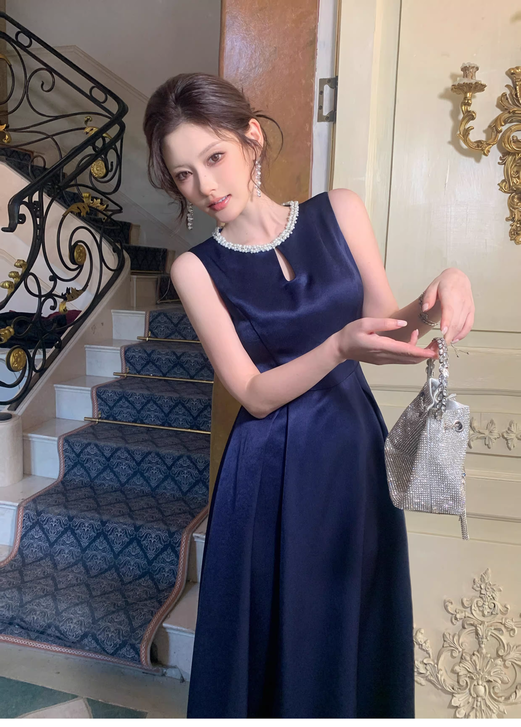 Stylish Sleeveless Navy Blue Satin Beaded A Line Long Birthday Dress Evening Gown SP1651