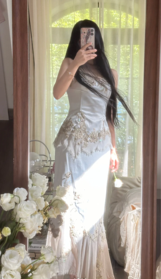 Vintage White Satin Appliques Chiffon Mermaid Long Birthday Prom Dress Party Gown