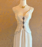V Neck Pleated Vintage Prom Party Dress Evening Dress Birthday Outfit  cg26327