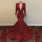 Luxury Prom Dress V Neck Long Sleeves Sequin African Black Girl Mermaid Gala Formal Party Evening Gowns  Y1153