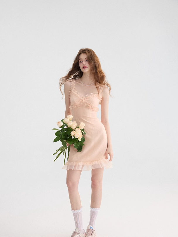 French dress holiday style suspender skirt ruffled pink short skirt R2761