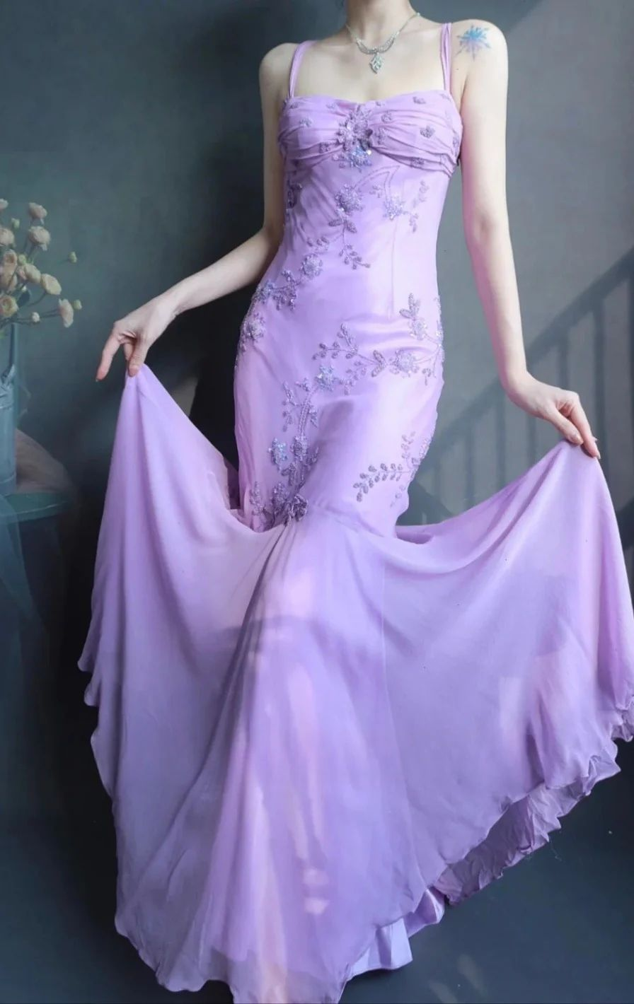 Classy Spaghetti Straps Lavender Chiffon Beaded Mermaid Evening Gown Long Prom Dress