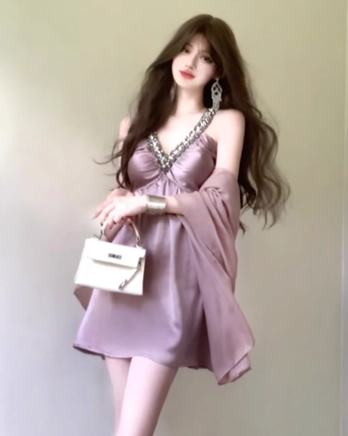 Large French heavy diamond V-neck dress, elegant lady short skirt R1836