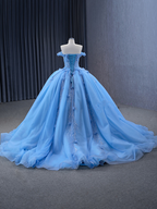 Glitter Blue Ball Gown Tulle Off the Shoulder Sequins Appliques Prom Dress  cc1724