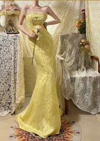 Sweet Strapless Yellow Tulle Satin Beaded Mermaid Long Prom Dress Birthday Party Gown