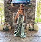 Charming Mermaid V Neck Sage Green Silk Satin Long Bridesmaid Dresses,Elegant Sage Green Prom Dress Y1896