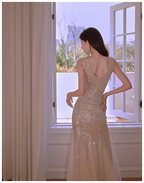 Glitter V Neck Champagne Silver Sequin Tulle Mermaid Long Evening Dress Party Gown