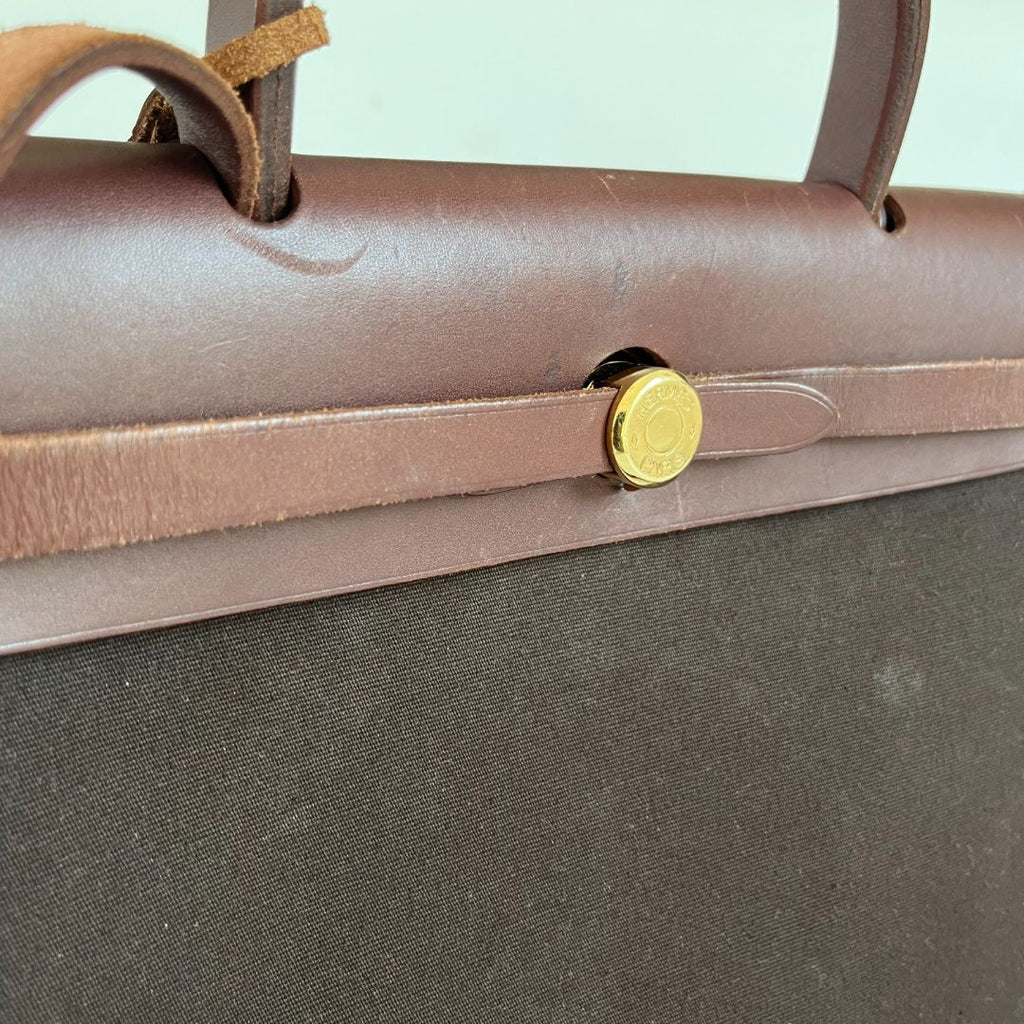 Hermes Chocolate Brown/Beige Toile and Leather Herbag 31 Bag