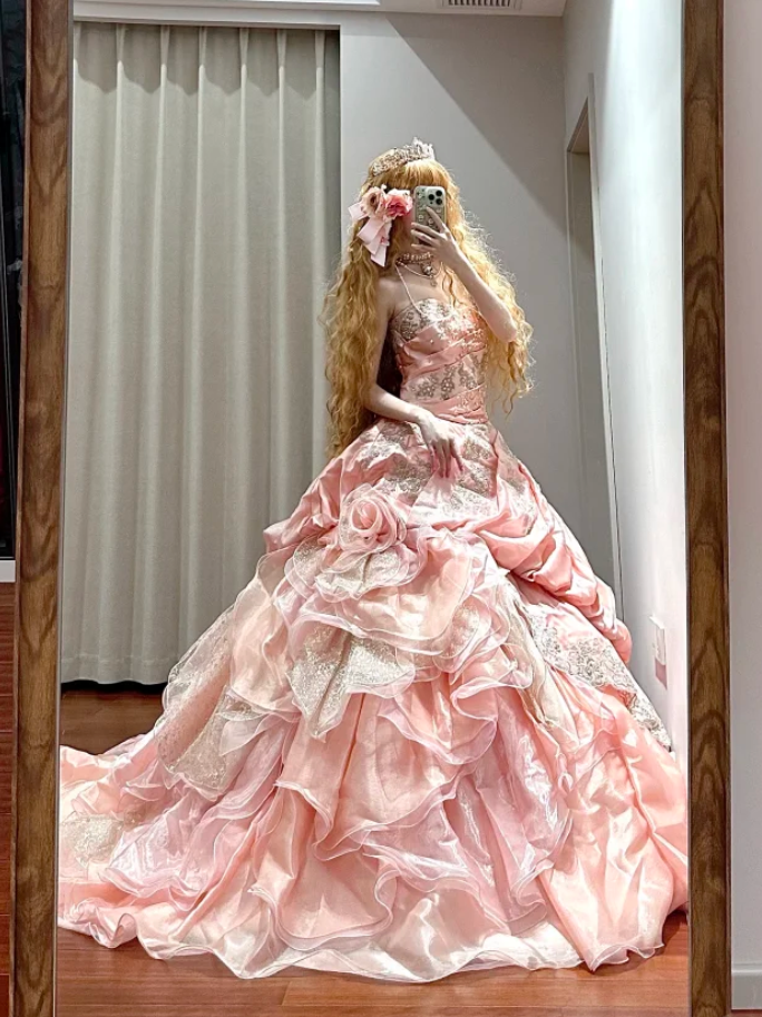 Retro Strapless Ball Gown Pink Satin Tulle Pleated Appliques Quinceanera Dress Sweet 16 Dress