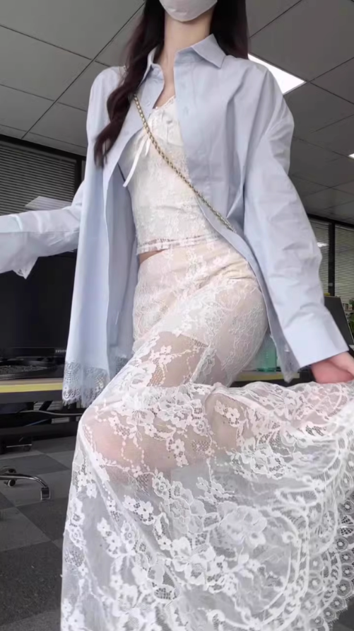 Unique beautiful blue long-sleeved shirt lace skirt two-piece suit 2025 R0860