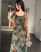 French style retro green printed dress with slim waist and suspenders long dress with lace cardigan R1695